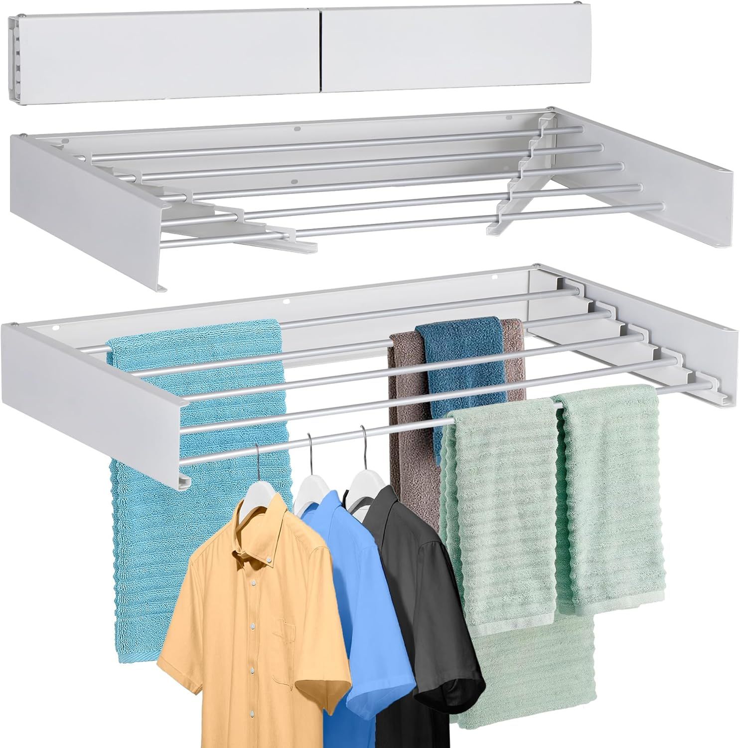 Fochier Wall-Mounted Folding Clothes Drying Rack with 5 Aluminium Rods - White, 31.5 Inches