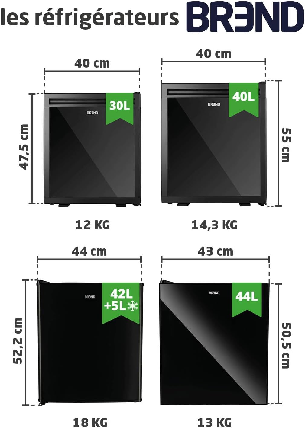 BREND BR-2241 Mini réfrigérateur avec congélateur - 42 + 5 litres - Réfrigérateur combiné - Éclairage LED - Noir - Idéal bureau, camping, chambre