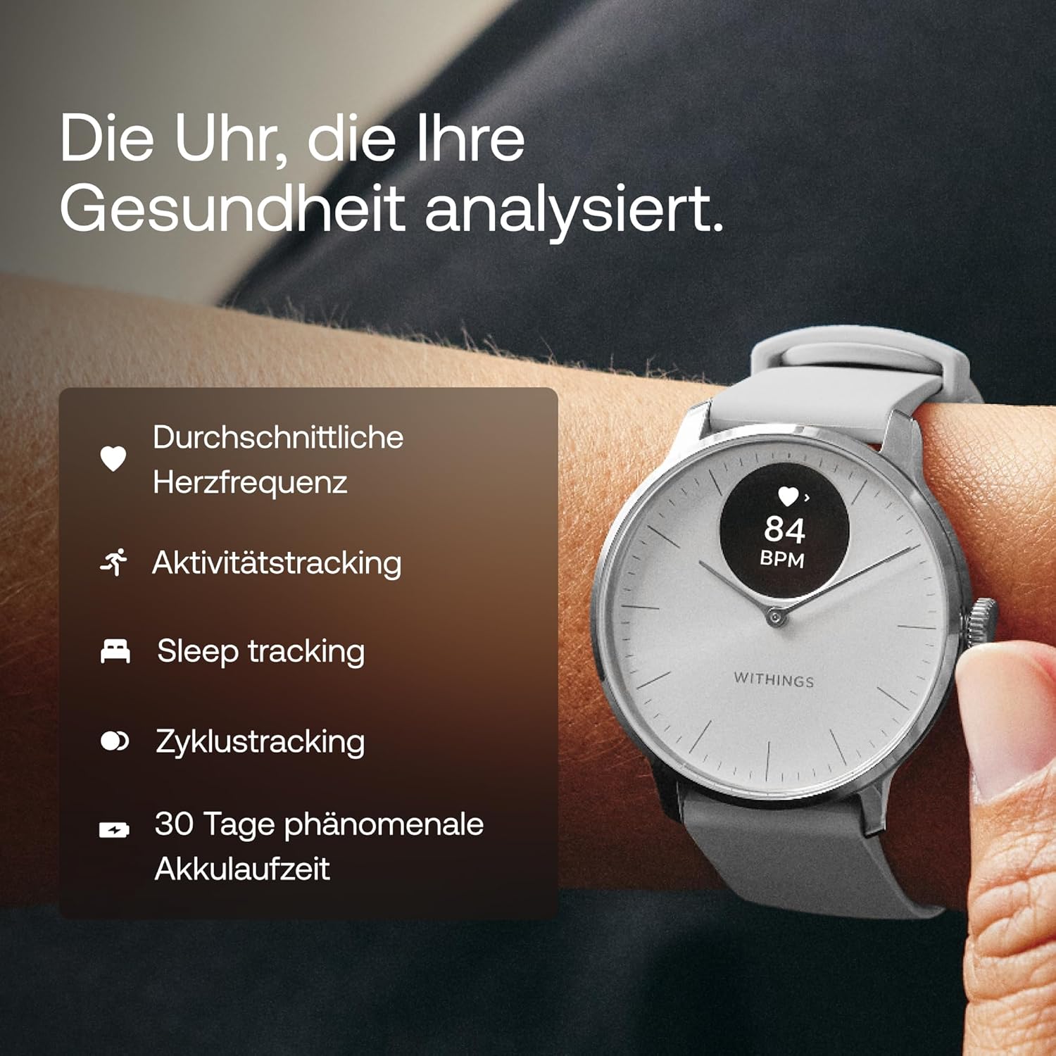 Withings ScanWatch Light – Hybrid Smartwatch, 24/7 Herzüberwachung, Aktivitätstracking, Zyklusverfolgung, Schlafüberwachung, Connected GPS, 30 Tage Akkulaufzeit, Android & kompatibel