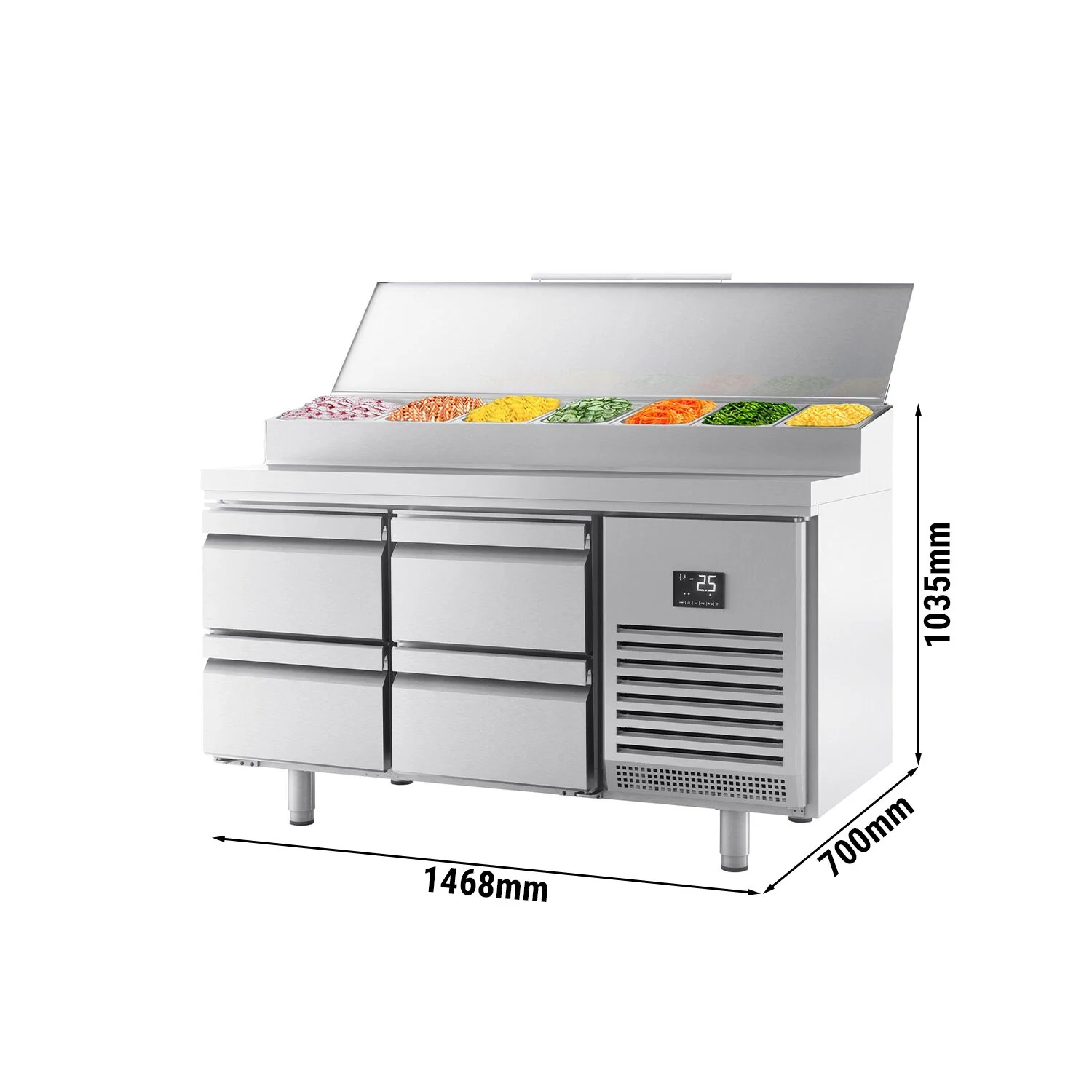 Saladette - 1468x700 mm - 4 skuffer - med lokk - for 1x GN 1/2 og 6x GN 1/3 beholdere