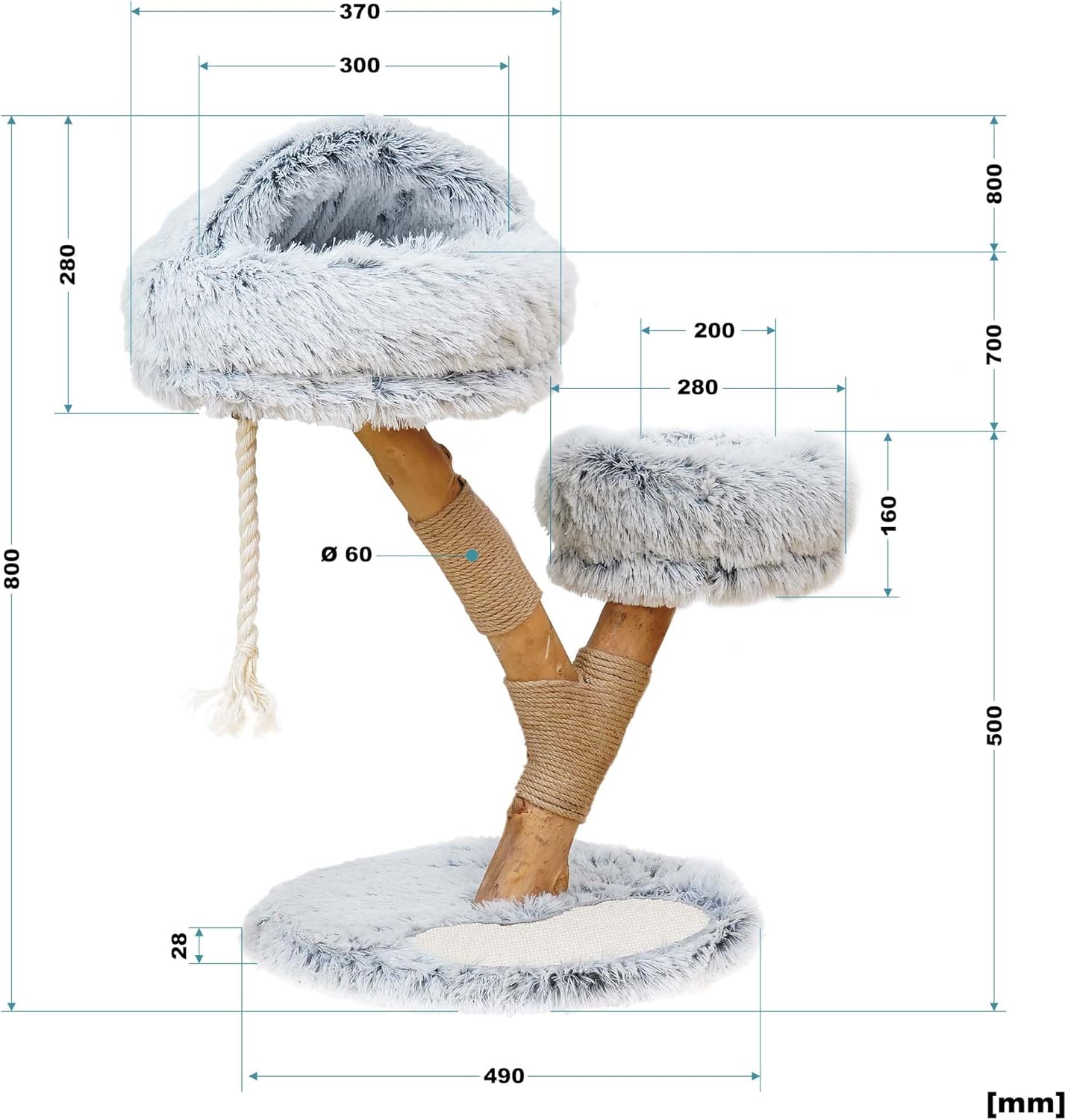 Fudajo Designer Kratzbaum in Zweigdesign 130 cm hoch, Katzenkratzbaum mit Plüsch und Sisal, Kletterbaum für Katzen, Katzenbaum mit Hängeliege