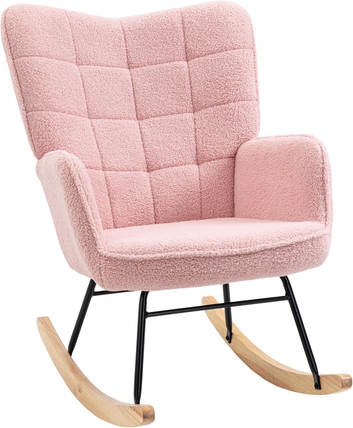 HOMCOM Schaukelstuhl, Schaukelsessel mit Berbervliesoptik, Armlehne, Gepolsterter Sessel mit Holzkufen, Relaxsessel für Wohnzimmer, Schlafzimmer, bis 120kg belastbar, Rosa