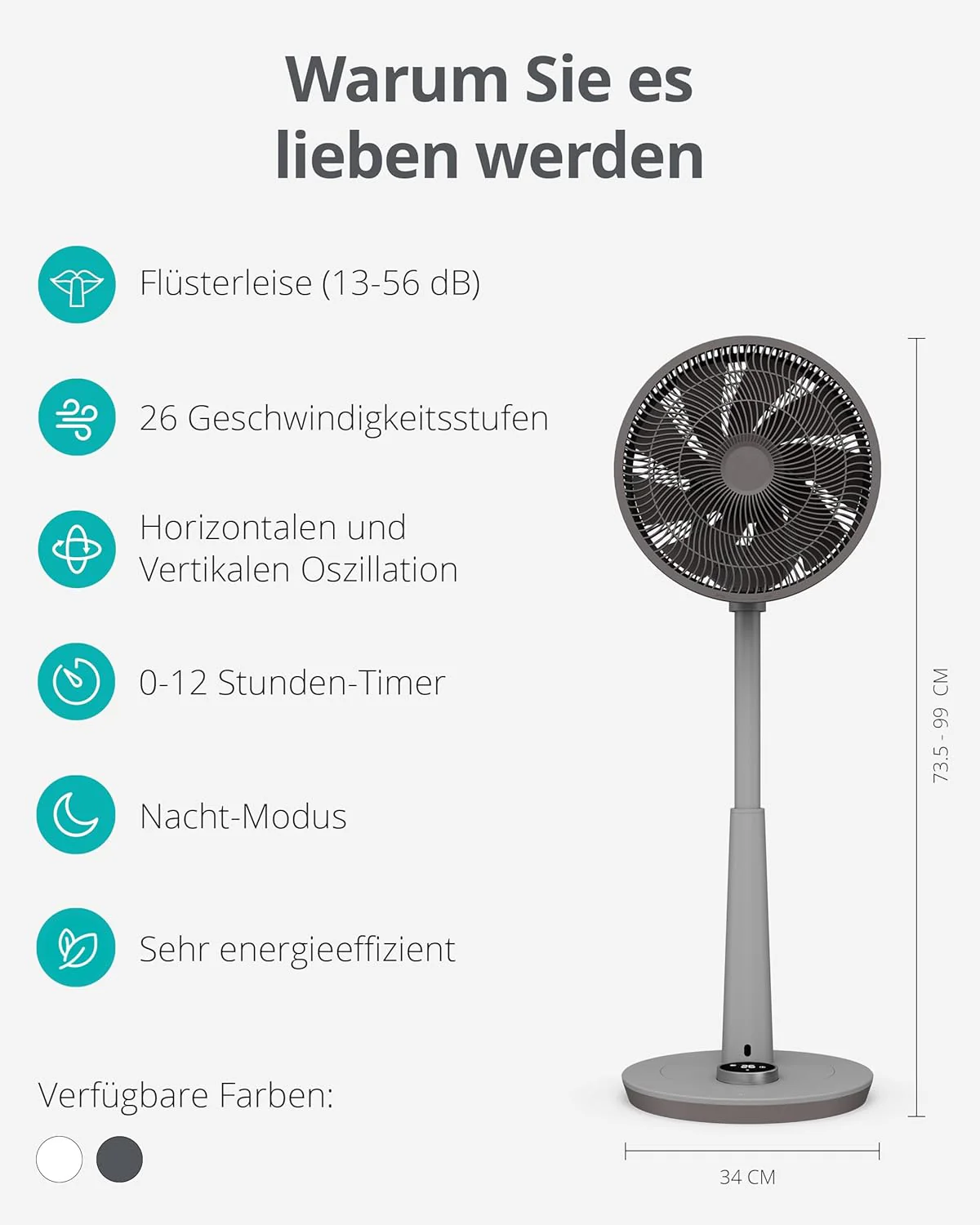 Duux Whisper 2 Statiefventilator Stil - Zuinige DC-motor met 26 snelheden - Ventilator in hoogte verstelbaar (73-95cm) - Horizontale + Verticale oscillatie - Wit
