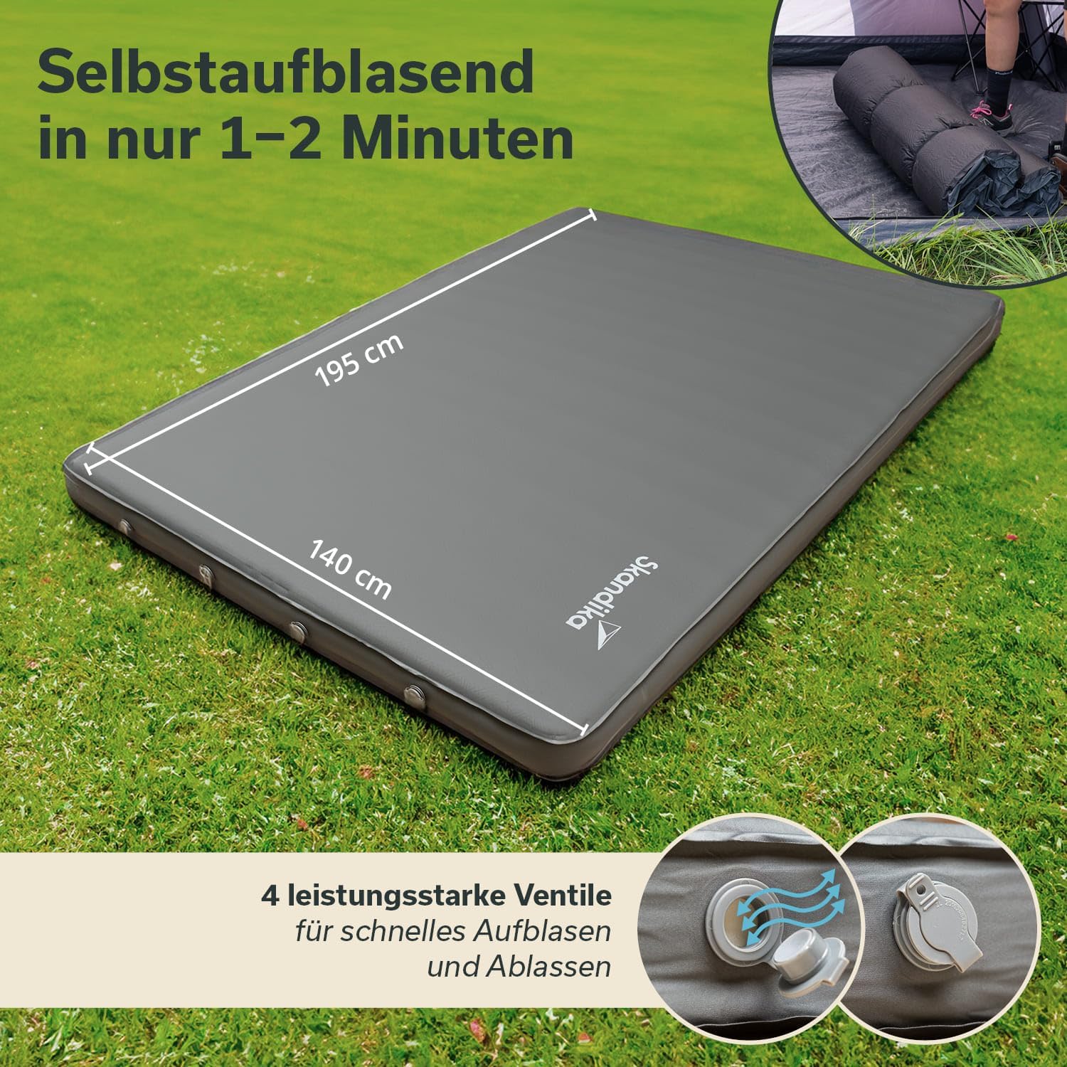 Skandika Premium Easy Isomatte Double 3D | 10 cm dick, selbstaufblasend, leicht, faltbar, selbstfüllender Schaumstoff, Campingunterlage, Gästematratze, Luftmatratze | Camping, Outdoor, Zelt, Auto