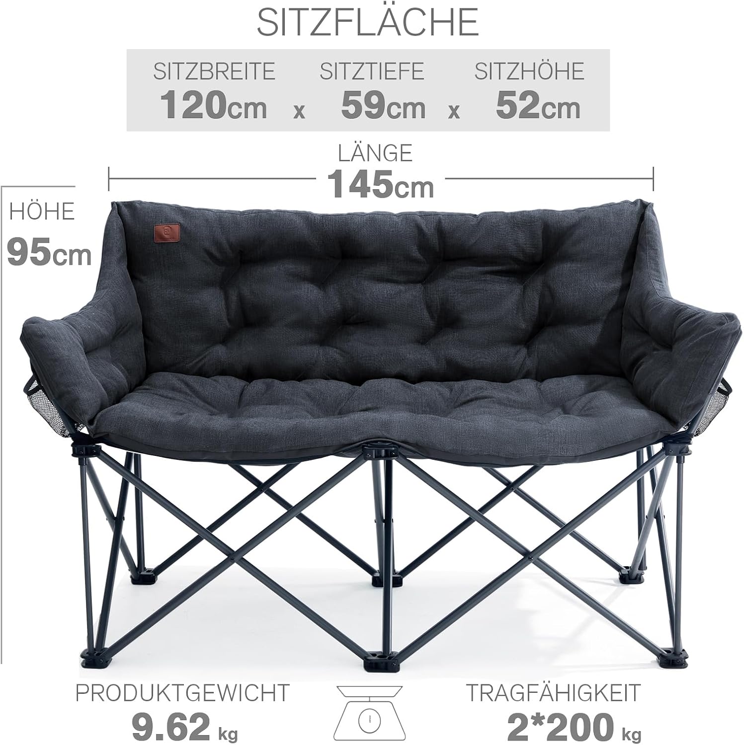 EVER ADVANCED Campingstuhl Faltbar 145cm Breit für 2 Personen Faltsofa 400KG Belastbar, Campingsofa Dick Gepolstert Klappstuhl 2 Sitzer Hohe Lehne Extra Breit für Outdoor Garten Balkon Indoor