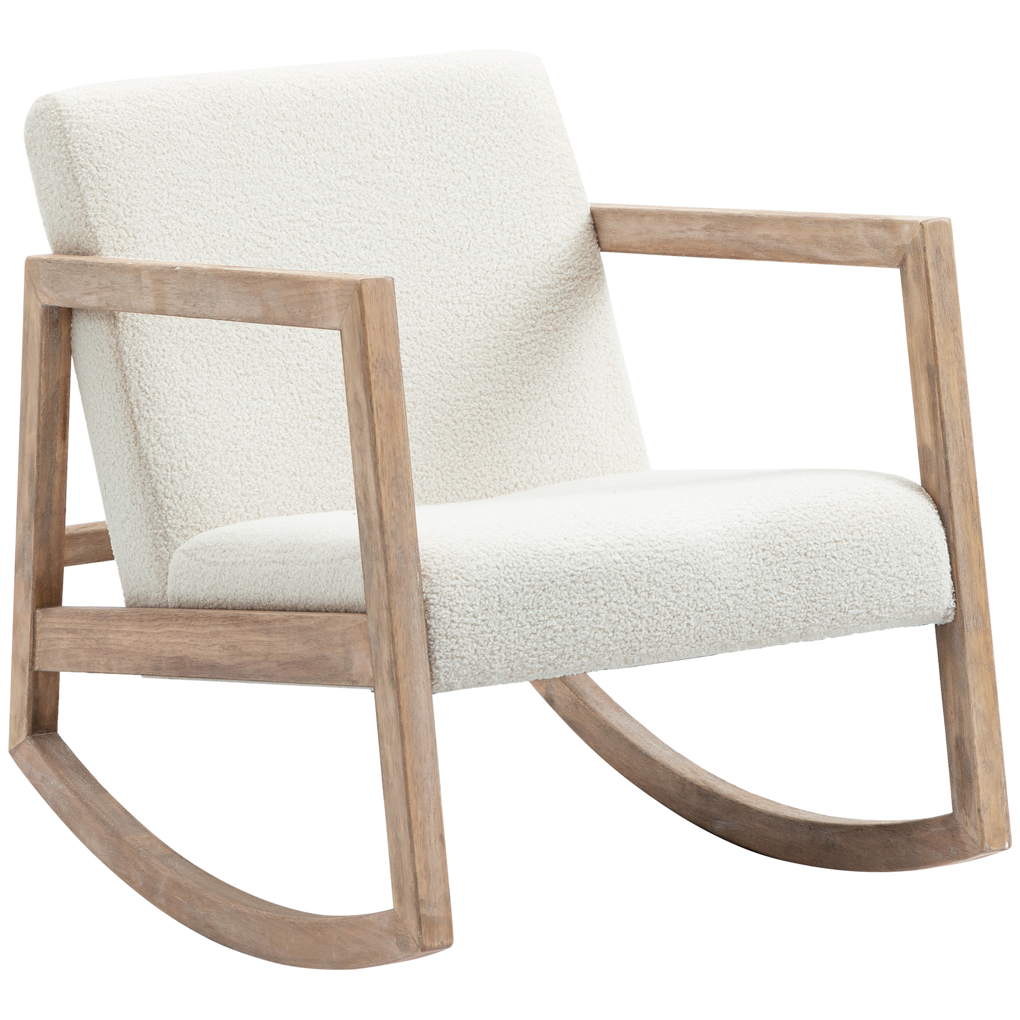schommelstoel met houten frame, gestoffeerd, relaxstoel, fauteuil, woonkamerstoel, salon met gestoffeerde zitting, rubberhout, cr��me wit, 60 x 81 x 71 cm