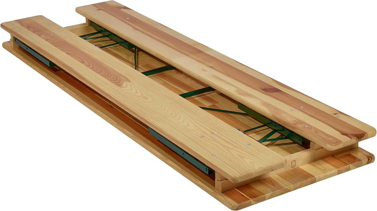 METRO Professional Bierzeltgarnitur, 3-TLG. Gartenmöbel Set, 1 Bier-Tisch 220 x 70 cm, 2 Bierbänke 220 x 25 cm, Klappbar, Naturbraun/Grün