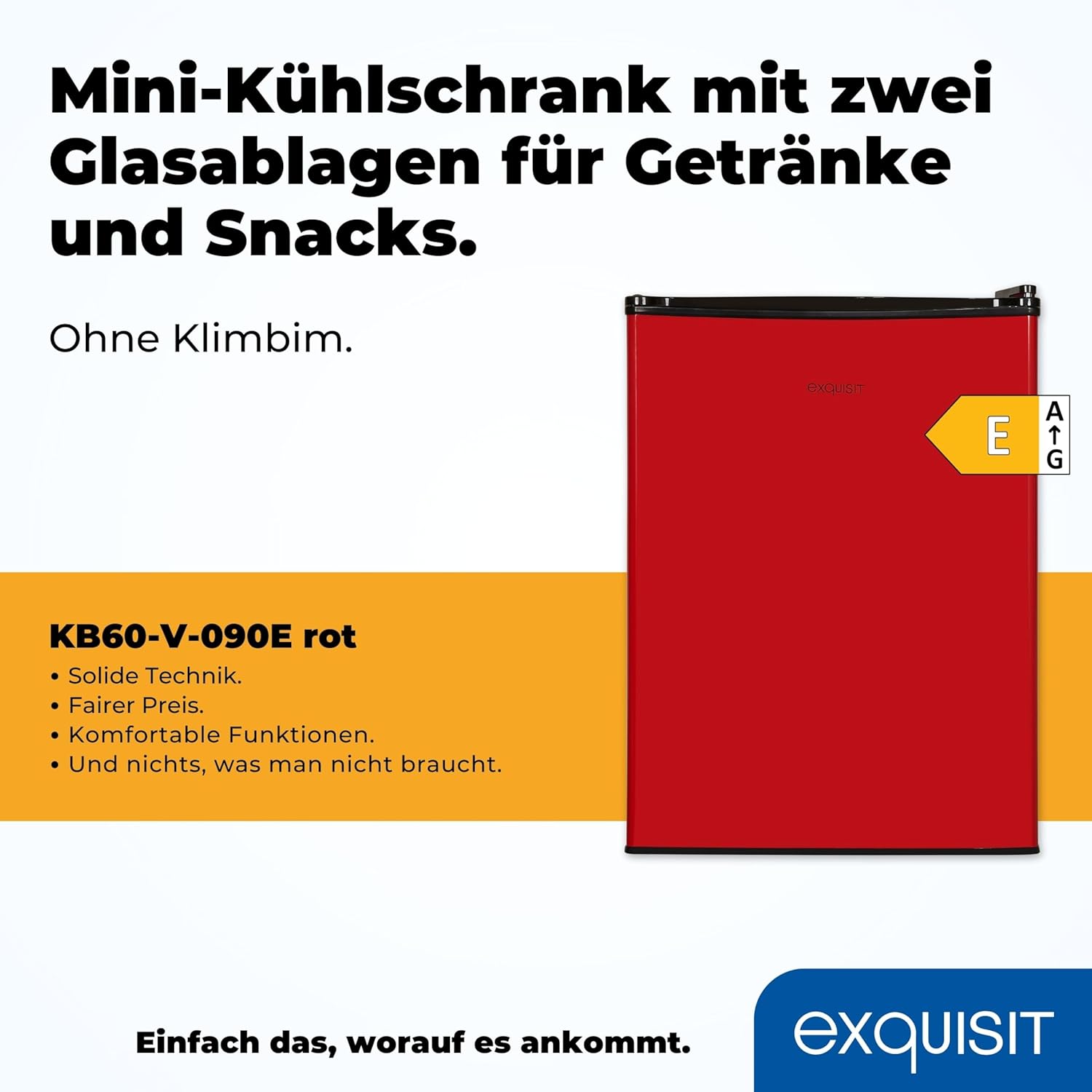 Exquisit Mini Kühlschrank KB60-V-090E rot | 52 l Nutzinhalt | LED-Innenbeleuchtung | Glasablagen | 45cm Breite