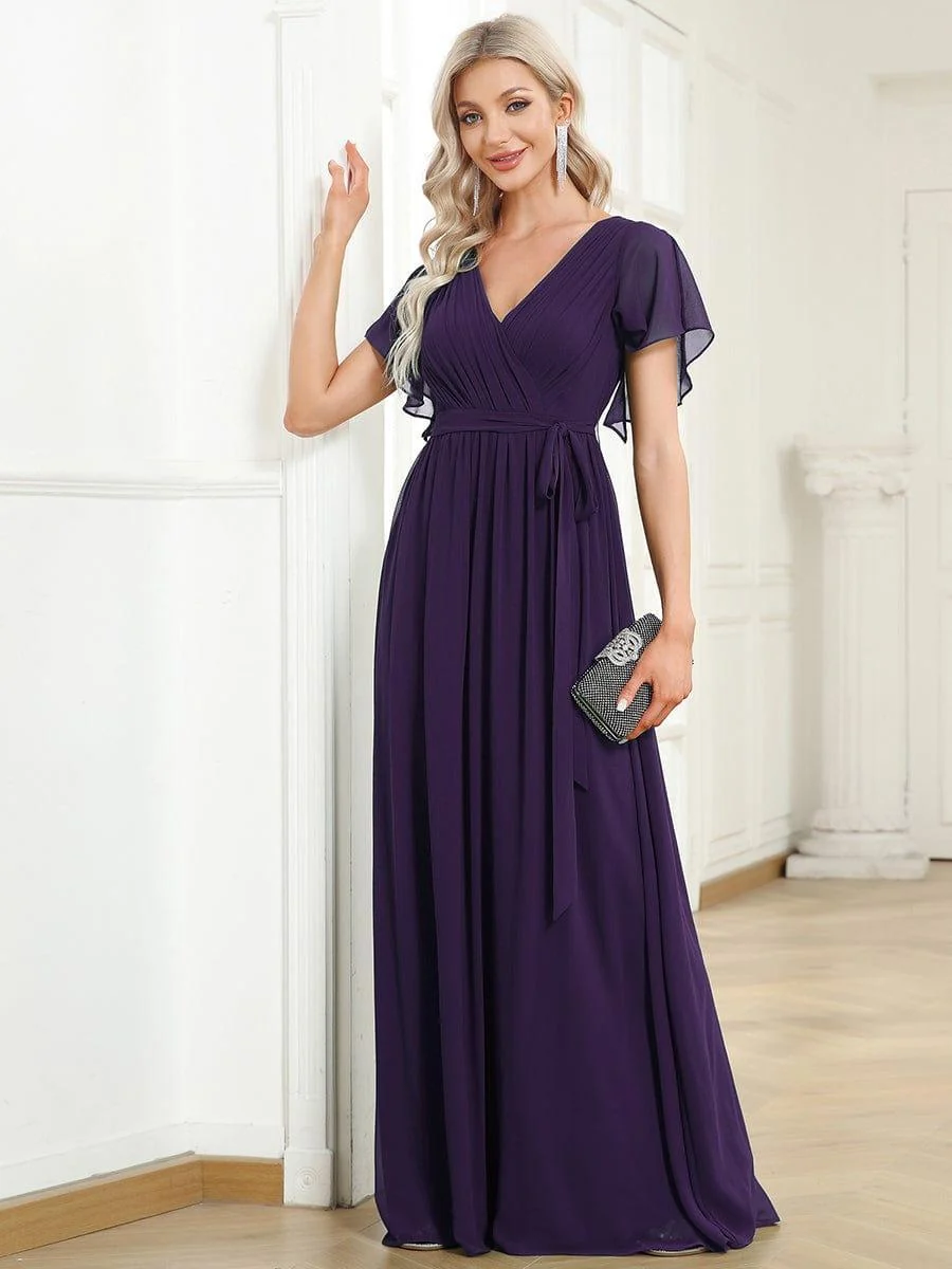 Abendkleid Damen Maxi A-Linie aus Chiffon | Festliches Kleid f��r Hochzeitsg?ste mit V-Ausschnitt und Fl��gel?rmeln