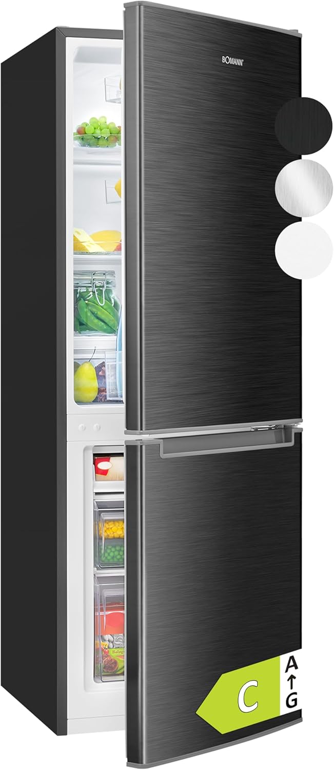 Bomann® Kühlschrank mit Gefrierfach | Energieklasse C | 143cm | Kühl Gefrierkombination leise 40 dB | 3 Ablagen & 2 Schubladen | Türanschlag wechselbar | 173L Kühlgefrierkombi | KG 7359 schwarz-inox