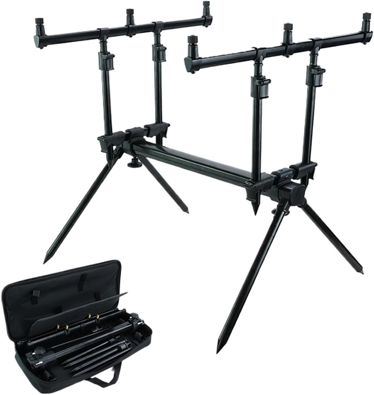 3-Rod Carp Fishing Rod Pod Set with Telescopic Bank Sticks & Adjustable Buzz Bars