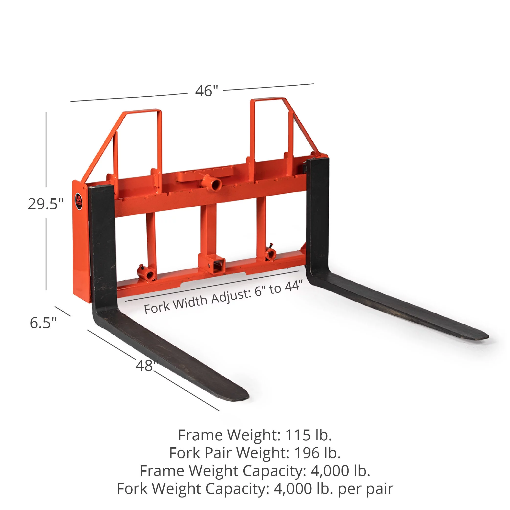 2025 Titan Attachments UA Pallet Vorkenframe Laag Model Oranje, 48 Inch Vorken, 4000 LB Capaciteit, Quick Tach Bevestiging