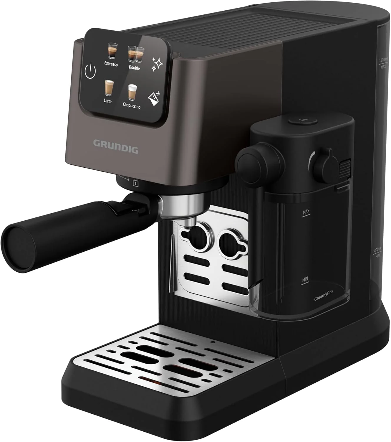 GRUNDIG KSM 5330 Espressomachine met ge?ntegreerd melkreservoir, 1628 W vermogen, 15 bar pompdruk, dubbele tuit, kleuren-touchscreen, BrewSense, CreamyPro, donker inox/zwart