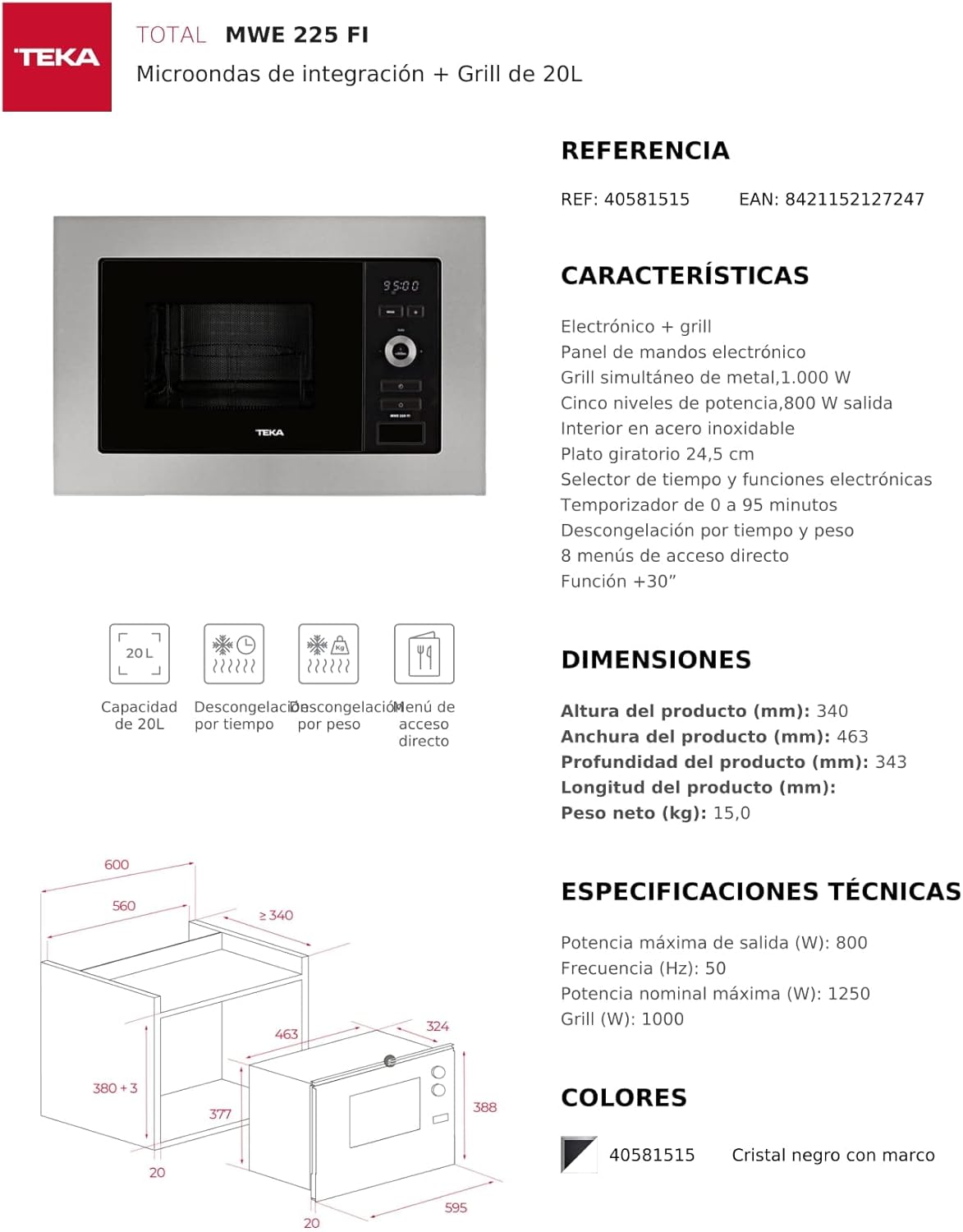 Teka 108R00662 MWE 225 FI Integrationsmikrowelle + Grill, 800 W, 5 Leistungsstufen, Farbe Edelstahl Glas, 20 l, 20 liters, Schwarz/Grau