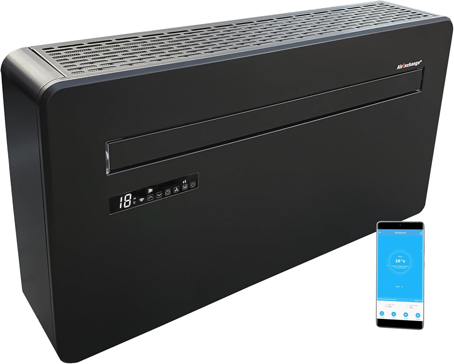 AirExchange - Wand-Monoblock-Klimaanlage-Wärmepumpe-INVERTER, 4-in-1 Klimaanlage ohne Außengerät, Heizen, Kühlen, Entfeuchten, Reinigen, 12.000 BTU, bis 80 m², R290, SCHWARZ
