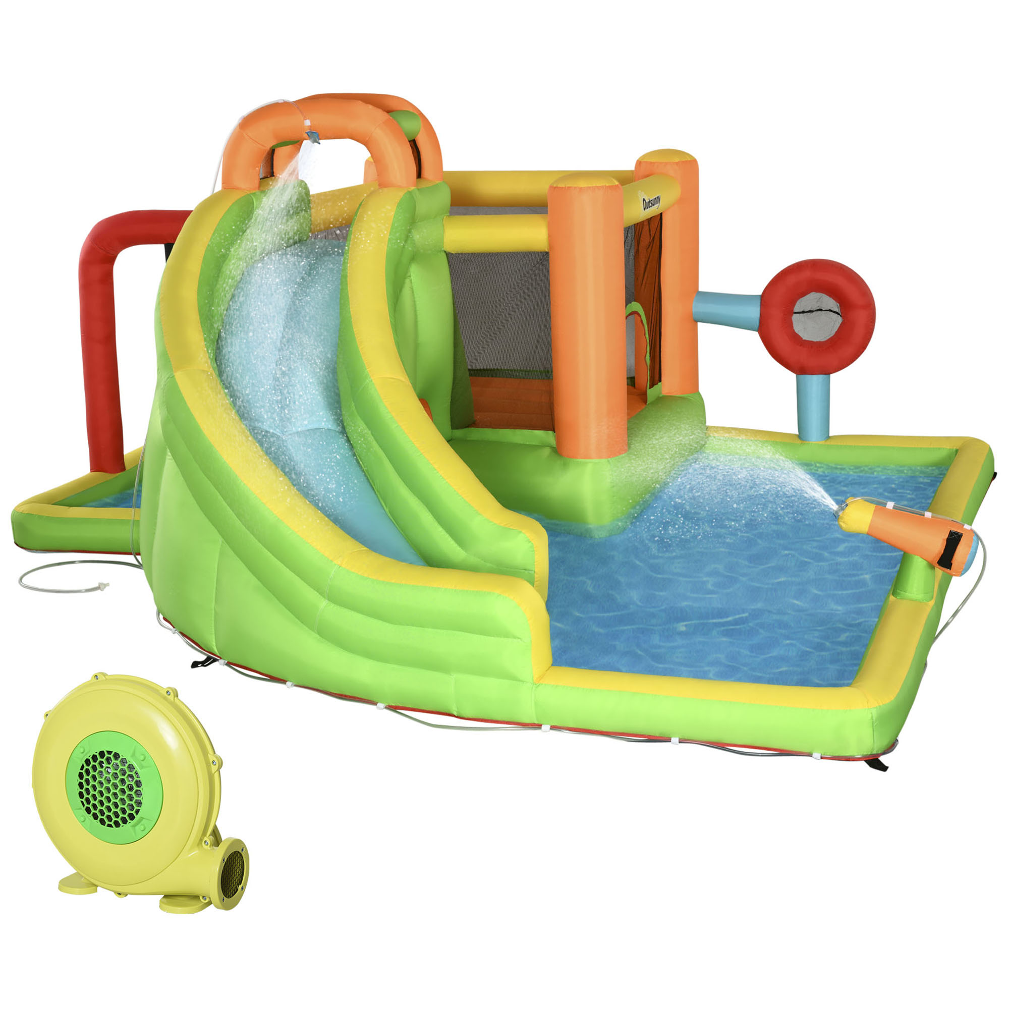 Opblaasbaar springkasteel met glijbaan, springkussen, 2 waterbaden, bokszak, 478 x 440 x 210 cm