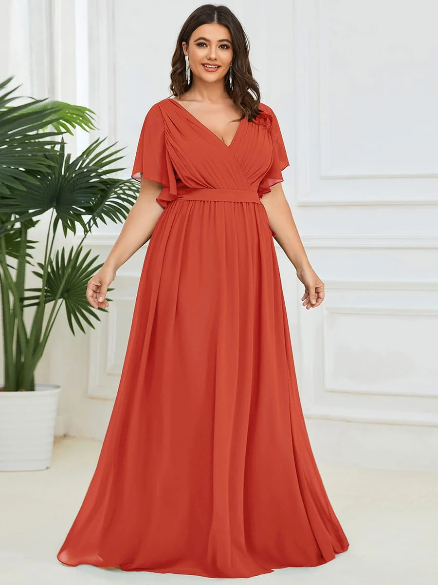 Abendkleid Damen Maxi A-Linie aus Chiffon | Festliches Kleid f��r Hochzeitsg?ste mit V-Ausschnitt und Fl��gel?rmeln