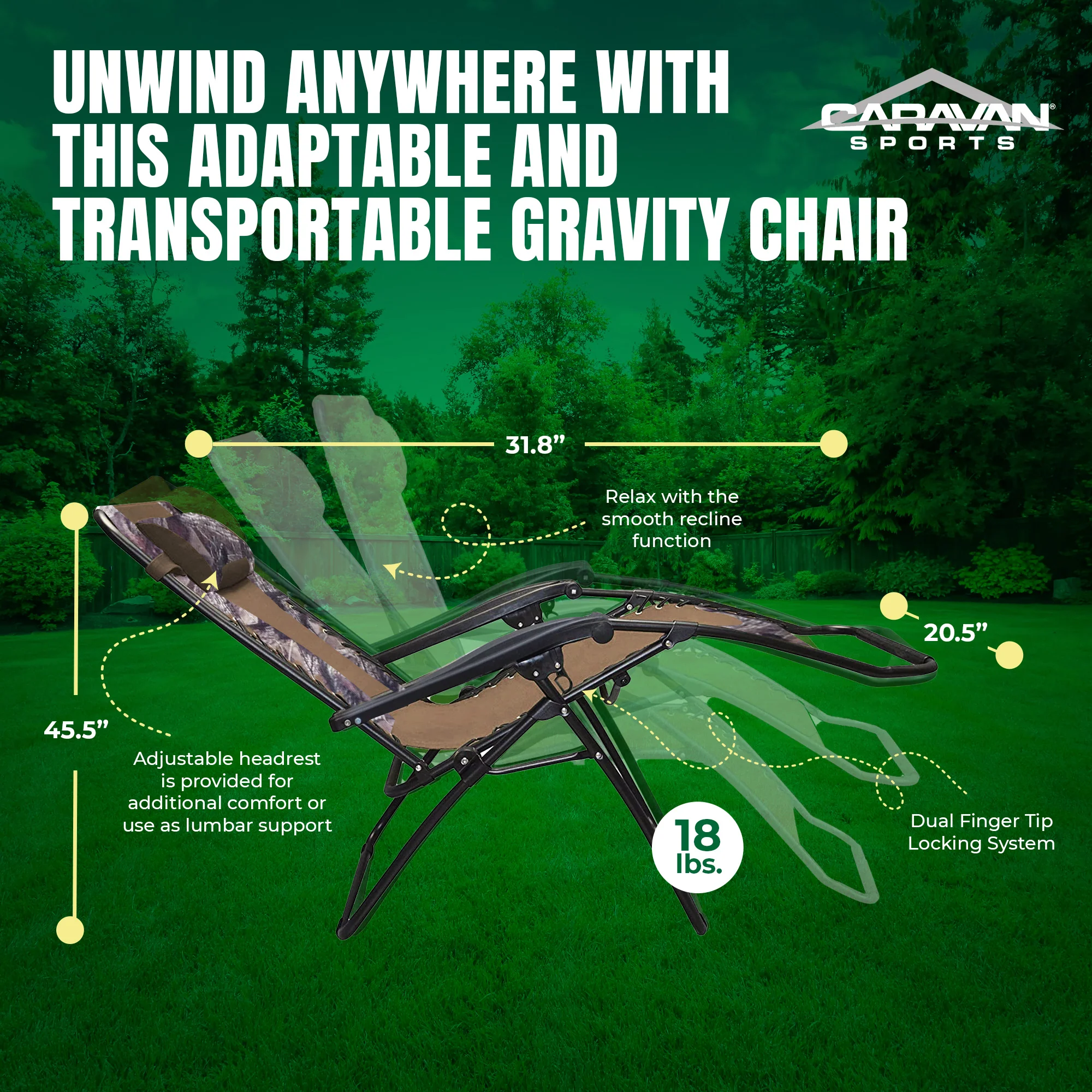 Caravan Canopy Infinity Zero Gravity Stalen Frame Patio Deck Stoel, Camouflage