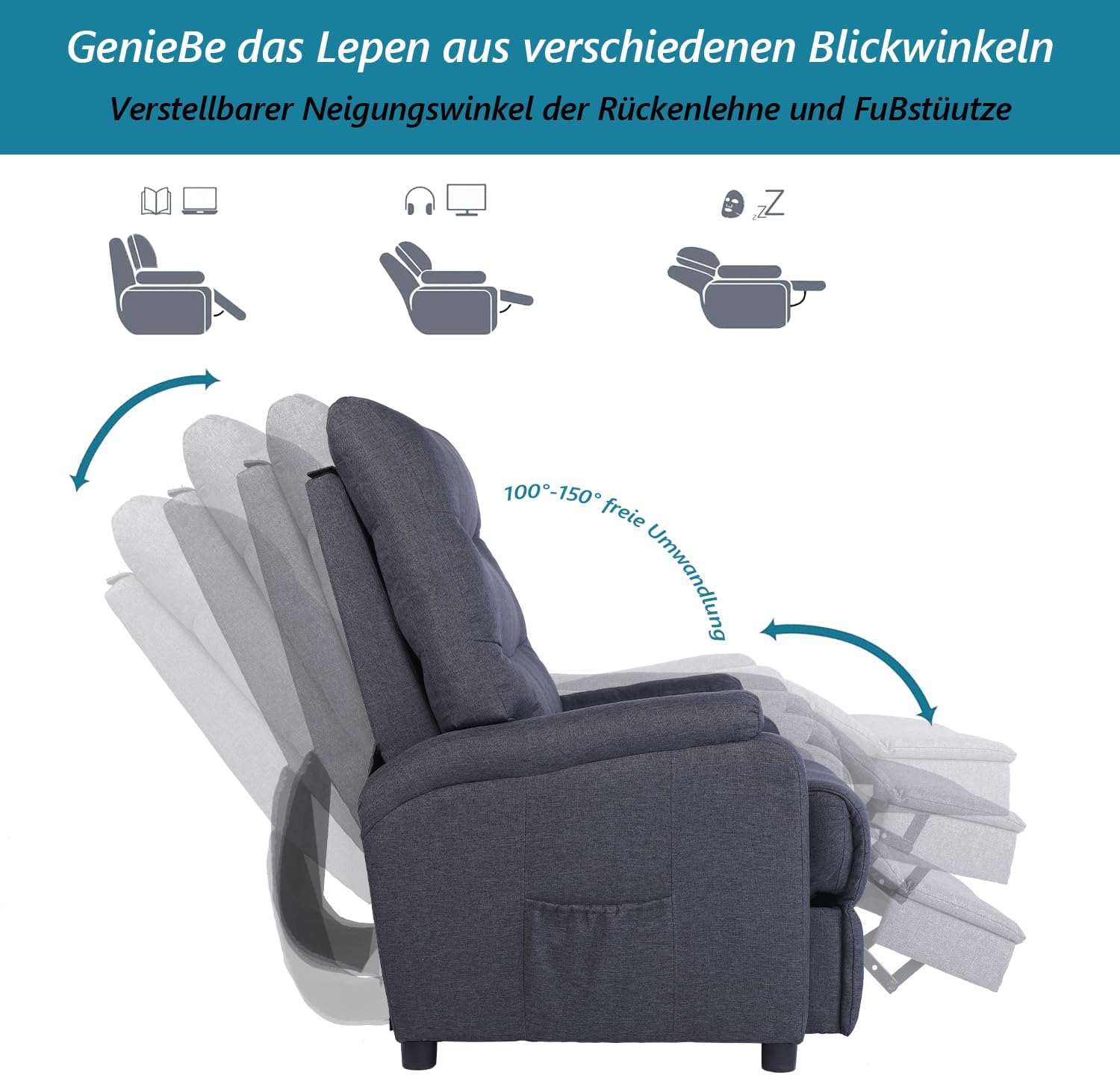 Mingone Relaxsessel, Fernsehsessel mit Liegefunktion, TV-Sessel mit Taschenfederkern, Gepolstert Liegesessel Ruhesessel Leinen Dunkelgrau für Wohnzimmer Schlafzimmer bis 150kg