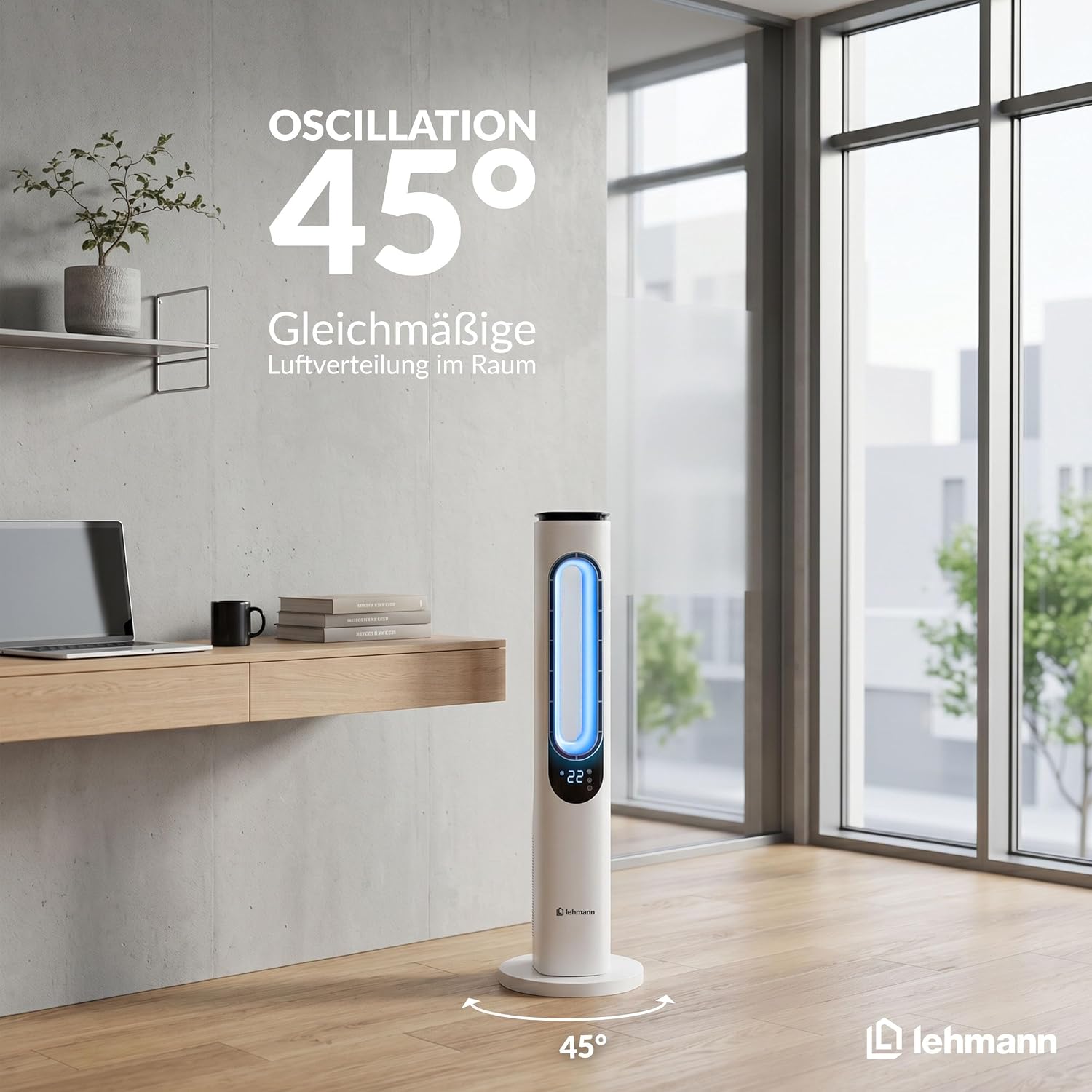 LEHMANN Turmventilator mit Fernbedienung & LED-Display, leiser Ventilator mit Schlafmodus, 15 h Timer, 3 Lichtfarben, 3 Modi, 3 Geschwindigkeiten, oszillierender Standventilator ohne Rotorblätter