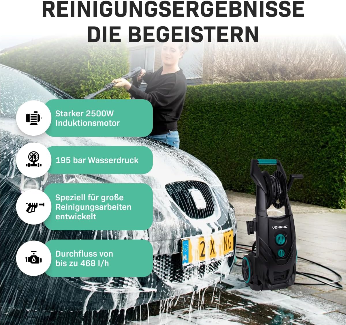 VONROC Professionele hogedrukreiniger 195bar - Gevelreiniger voor zware reinigingswerkzaamheden [2500W] - Hoge wateropbrengst [468 l/u] Reinigingstank, Aluminium Pomp - incl. Terrasreiniger
