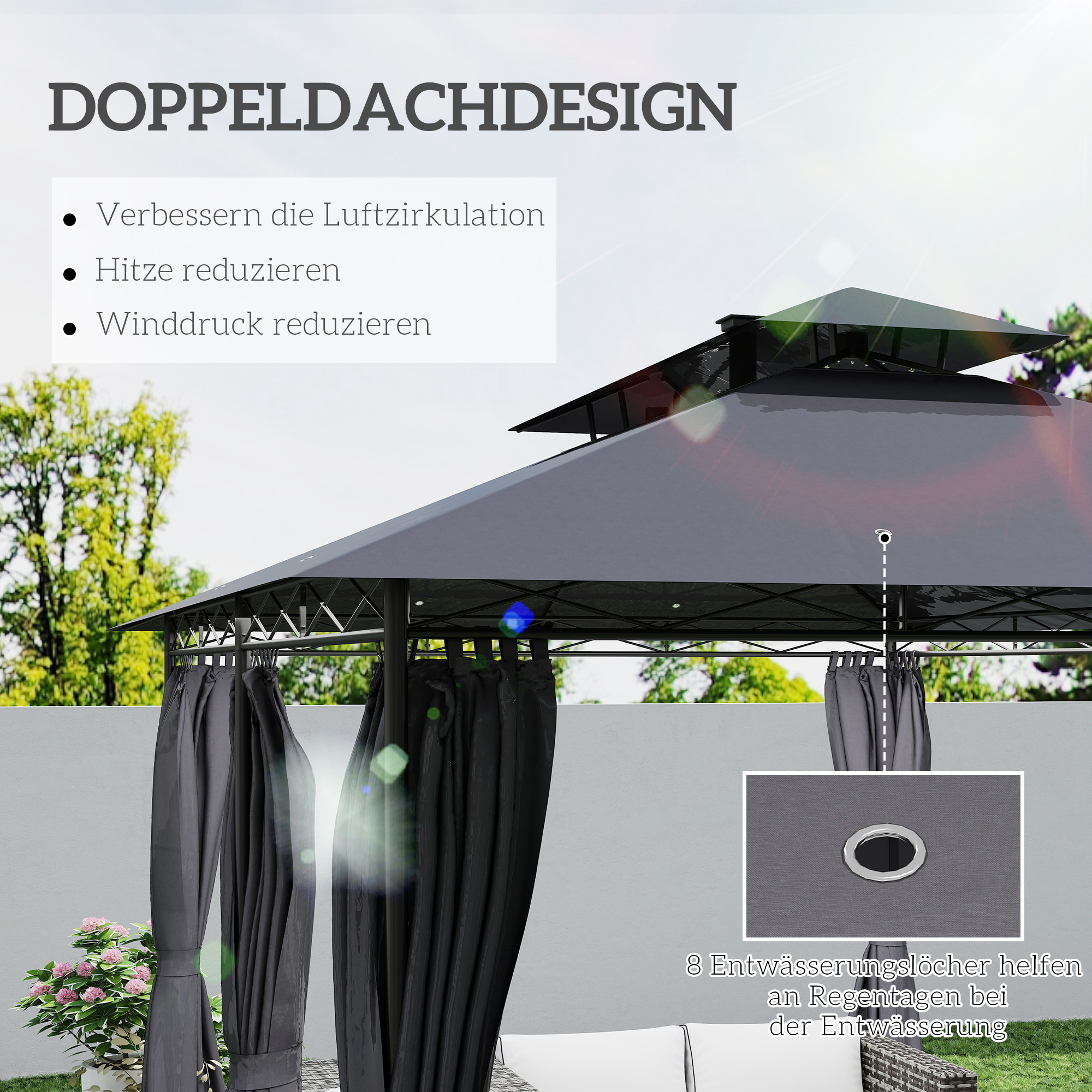 Outsunny 3 x 4 m Tuinpaviljoen, Tuintent met Zijwanden en Solar-LED-Lichten, Stalen Frame, Terrastent, Donkergrijs