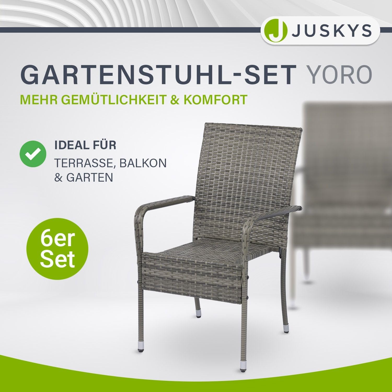 Juskys Polyrattan Gartenstühle Yoro 6er Set - mit Armlehnen & Rückenlehne 6 Stühle stapelbar - Rattan Stuhl Garten - Stapelstuhl Grau-meliert