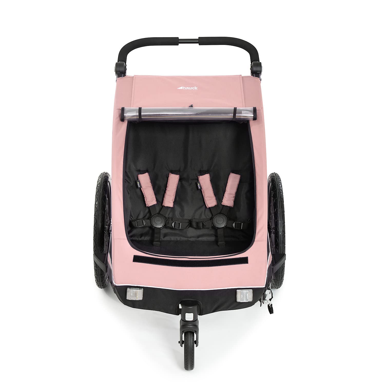 hauck Fahrradanhänger & Kinderwagen Dryk Duo Plus mit Federung, für 2 Kinder (6-48 Monate), inkl. Deichsel, Buggyrad, Fahne und LED Licht, Faltbar, Höhenverstellbar, XL Kofferaum (Dark Green)