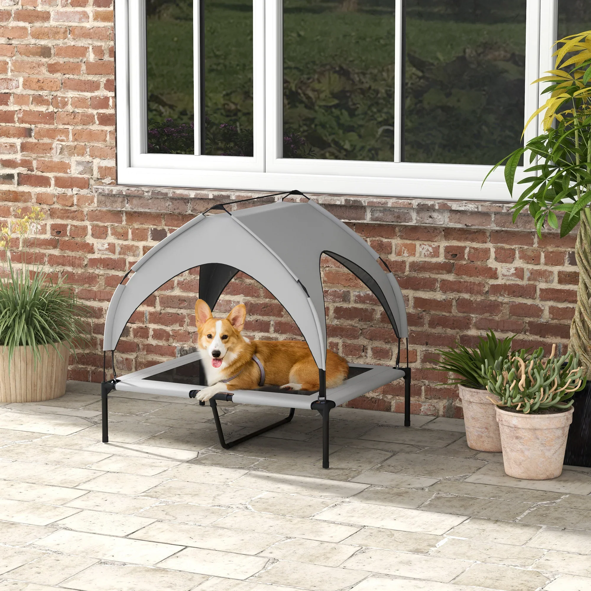 PawHut Verhoogd hondenbed outdoor met dak �C Lichtgrijs, ademend