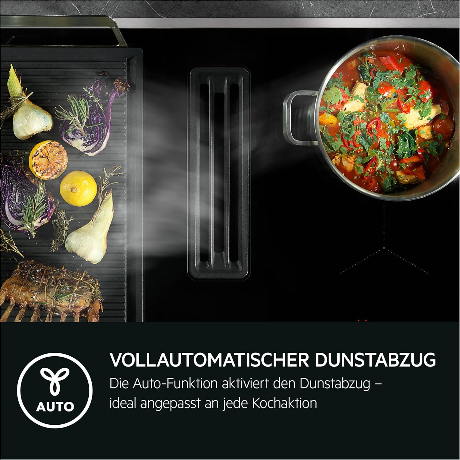 AEG Induktionskochfeld autark 80cm mit Dunstabzug / Made in Germany / 4 Flex-Kochzonen mit Bridge (Kombination 2er Zonen) / Auto-Funktion des Dunstabzugs / Aktivkohlefilter / COLI84COXB