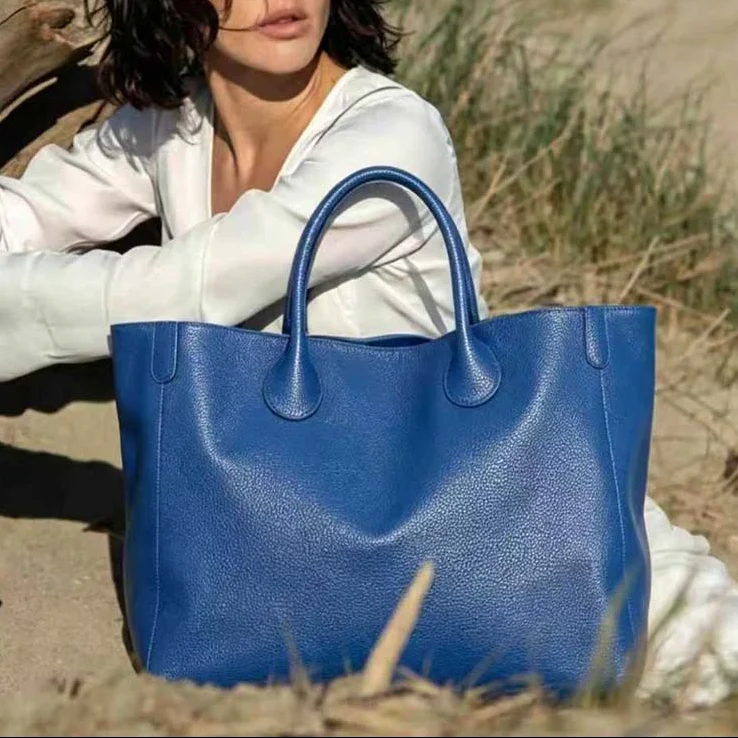 Blue Oversized Large Classic Top Grain Leather Tote Bag