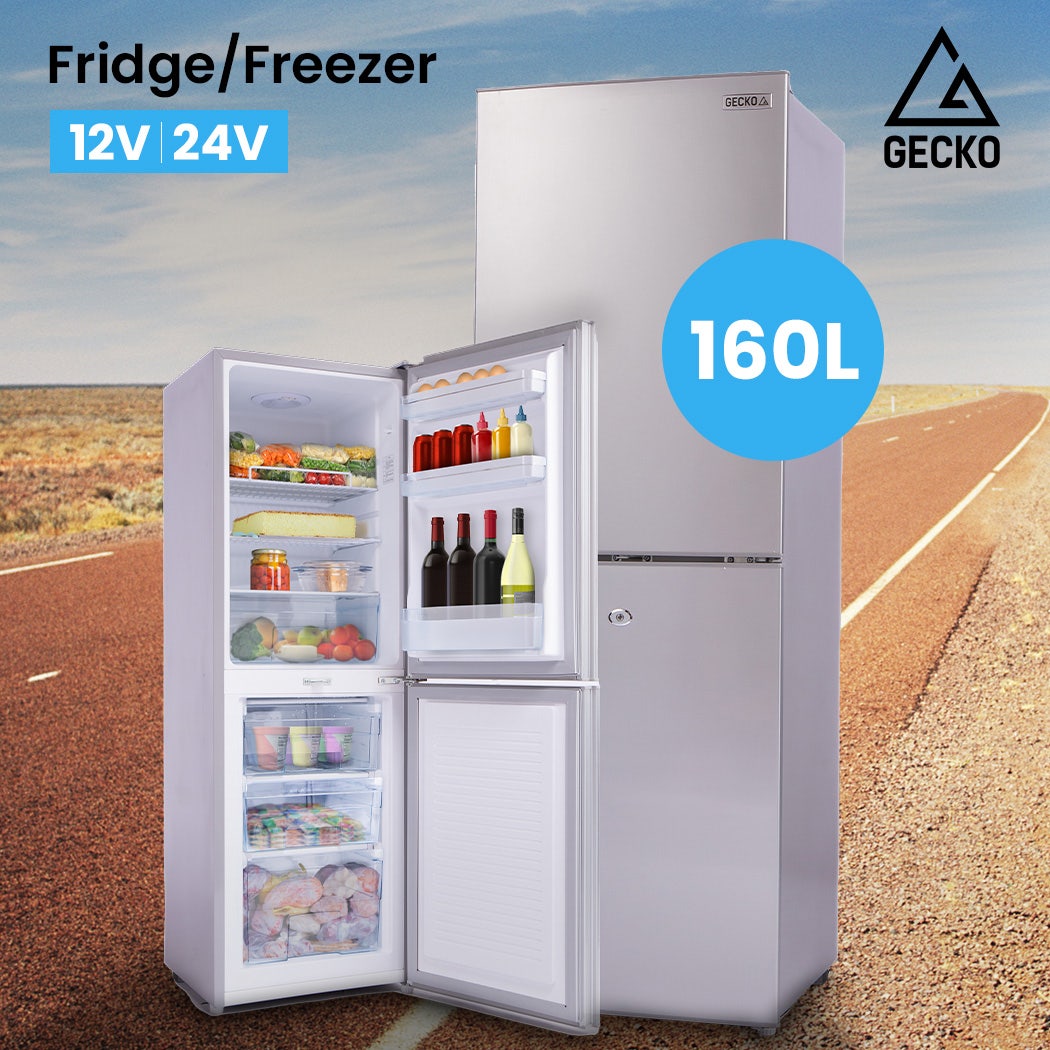 GECKO 160L Upright Portable Fridge / Freezer, 12V/24V for Motorhome and Caravan, Silver