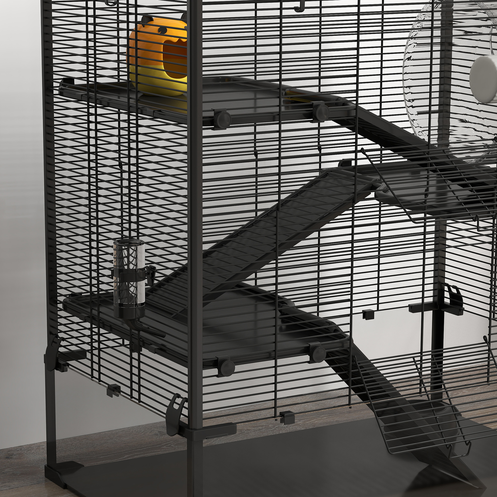 Hamsterkooi met glazen bodem, 4-niveau knaagdieren verblijf met hut en accessoires, 78,5L x 48,5B x 80H cm, Zwart