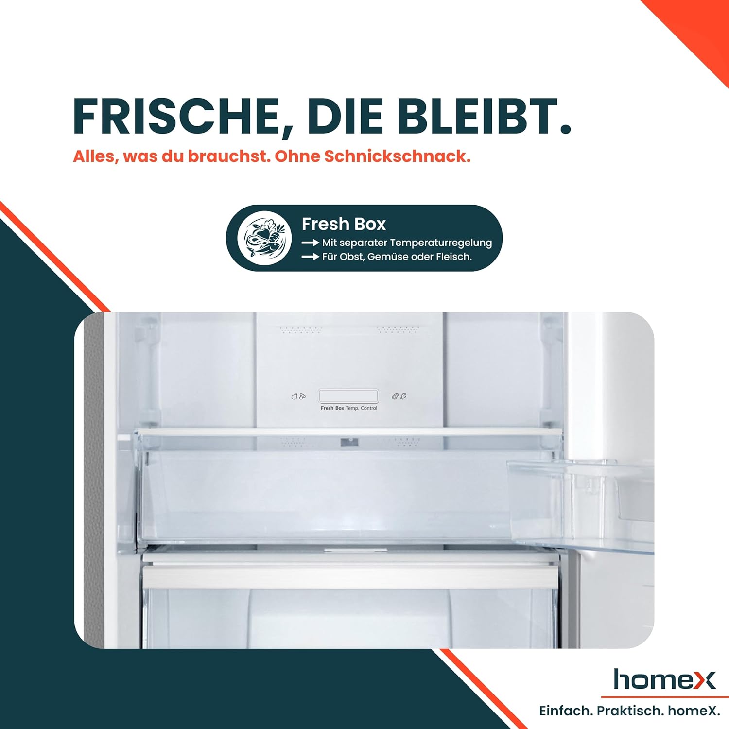 homeX Kühlschrank mit Gefrierfach No Frost, Kühl-Gefrier-Kombination freistehend, groß - 304 Liter, Fresh Box, Super-Frost, leise 35 dB, EEK A, Kühl Gefrierkombination, silber, CFSN3041A-S
