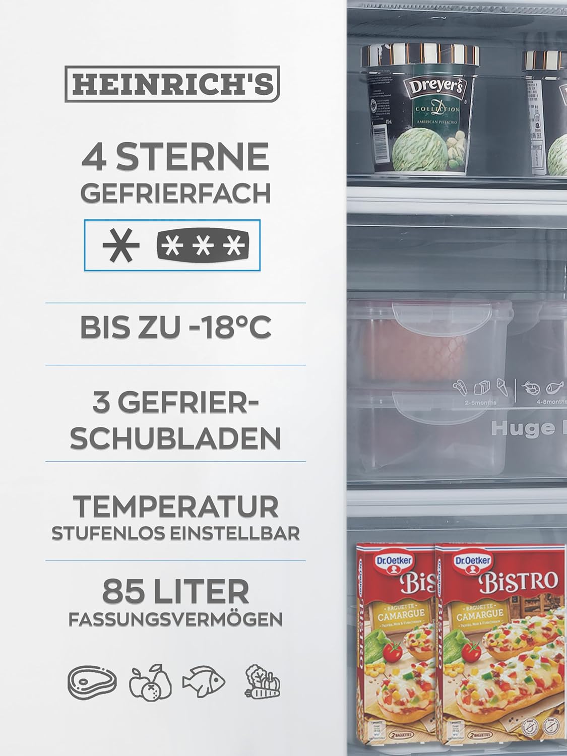 Heinrich´s Gefrierschrank 61Liter -18°C Freezer, 3x Gefrierschublade, 7 Stufen Temperaturregler, Airflow, wechselbarer Türanschlag weiß