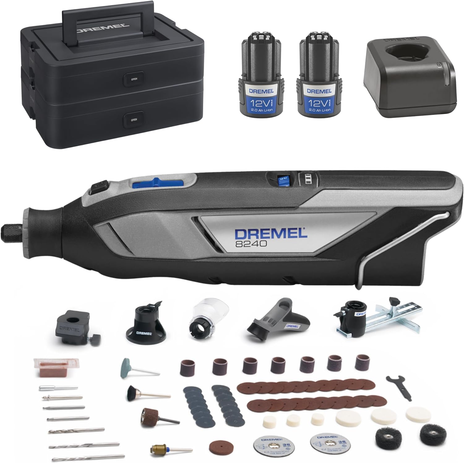 Dremel 8240 Akku-Multitool 12V 2Ah, Multifunktionswerkzeug Set mit 2 Akkus, 5 Auf-und Vorsätze, 1 Dremel BOX, 65 Zubehören zum Schneiden, Gravieren, Schleifen, Polieren, Schärfen, Bohren