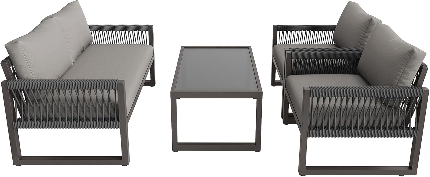 Merax Garten-Lounge-Set 4 Sitz – Seilgeflecht Sitzgruppe mit verzinktem Eisenrahmen, wetterfest, Loungesessel mit Sitz- & Rückenkissen, verstellbaren Füßen, Couchtisch mit Glasplatte, Grau