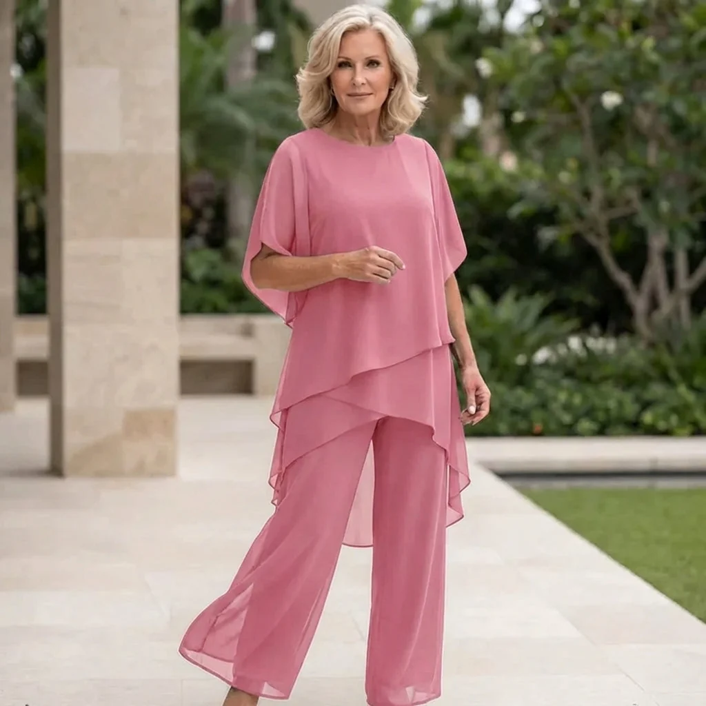 Zweiteiliges Chiffon-Set �C Asymmetrisches Lagen-Oberteil & Hose f��r Damen