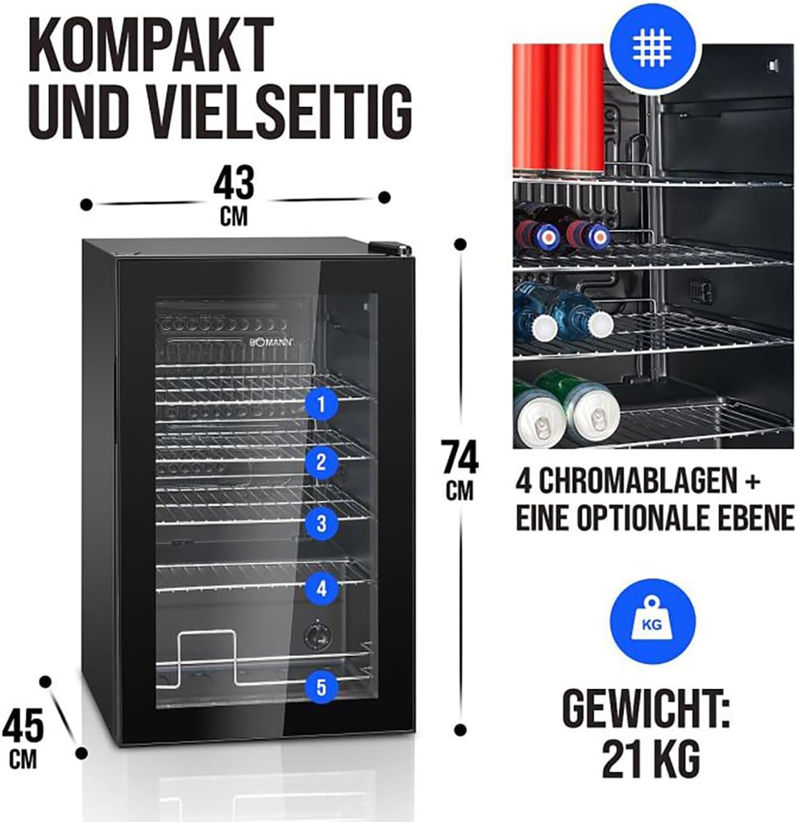 Bomann® Getränkekühlschrank | 63 Liter | stufenlos regelbar +3–10°C | Flaschenkühlschrank mit Glastür, 4 Ablagen & LED-Beleuchtung | leise, energieeffizient & kompakt | für Flaschen & Dosen | KSG 7287