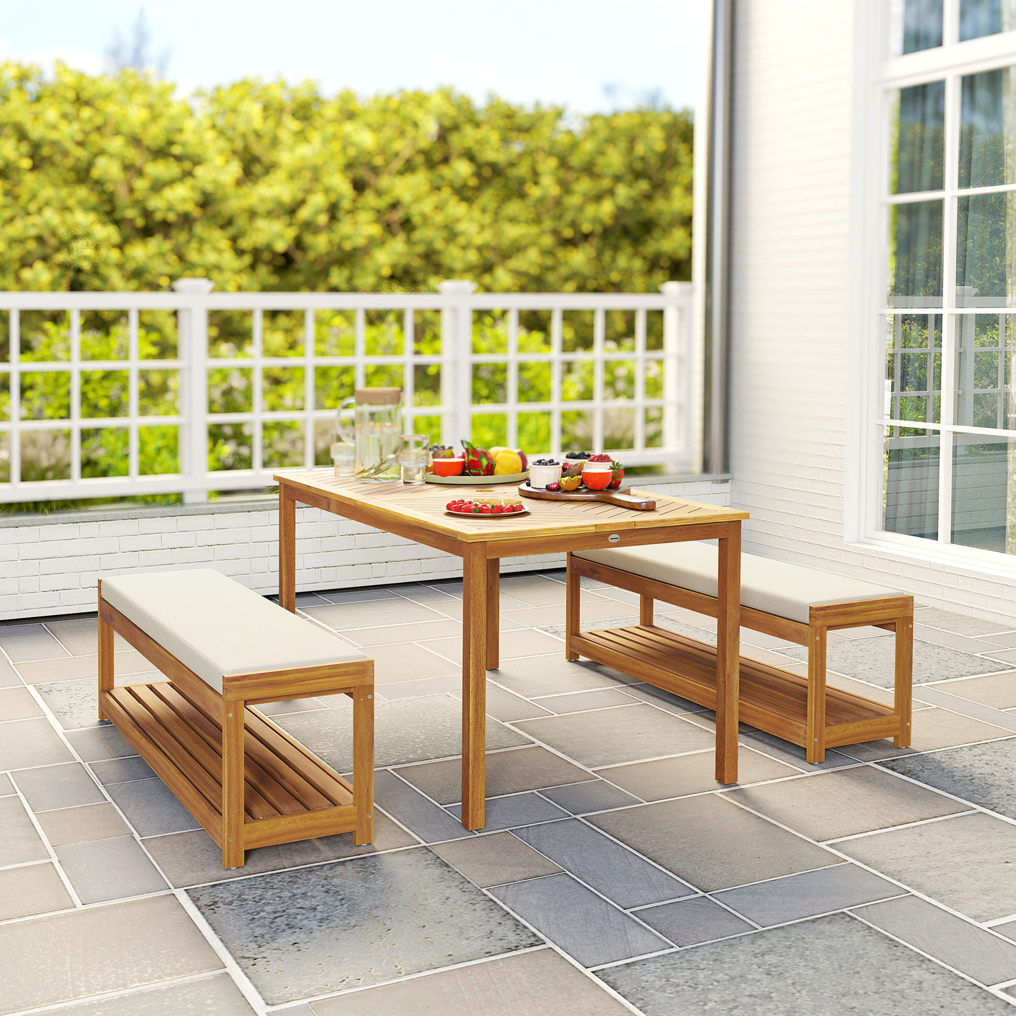 3-delig Tuinmeubelset, Zitgroep incl. 1 Eettafel met Parasolgat, 2 Banken 150 x 85 x 75 cm Teak
