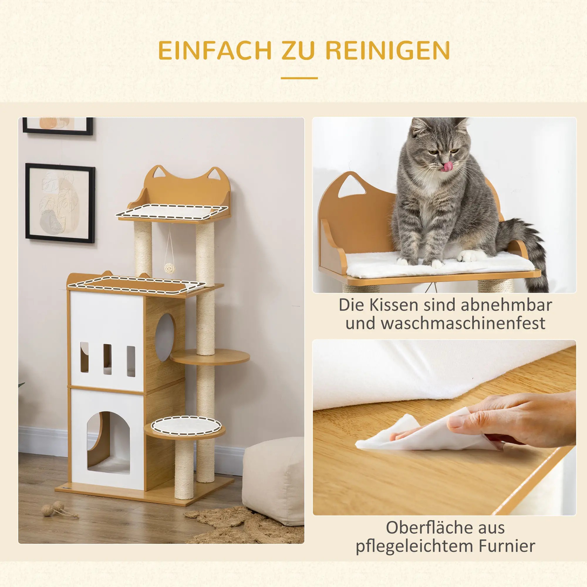 PawHut Krabpaal Kattenmeubel met Sisal Krabpalen en Speelbal Eiken Wit