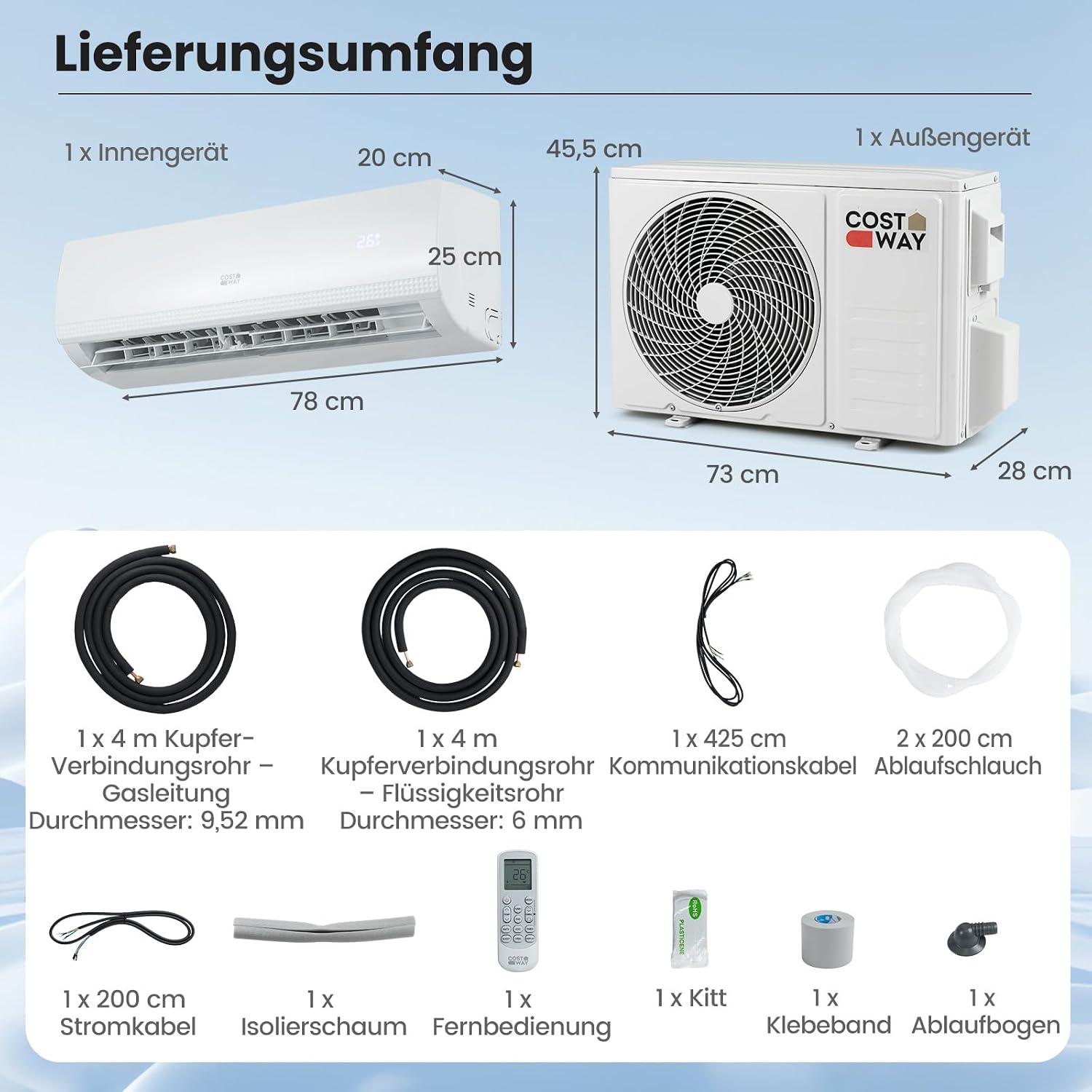 COSTWAY 9000BTU Split Klimaanlage, Klimageräte mit Heizfunktion 2,6kW, Air Conditioner Wandhalterung inkl. Kupferleitung, Kältemittel R32, sehr leise für Räume bis zu 42m³