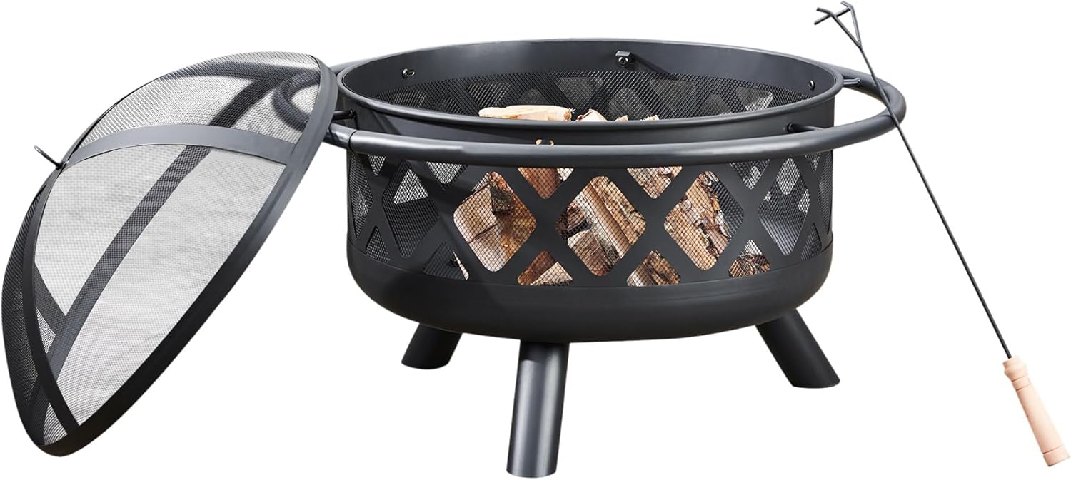 Teamson Home Round Steel Outdoor Fire Pit Outside Wood Burning Firepit Bonfire with Firebowl, Poker, Mesh Screen for Patio Garden Backyard BBQ, 30 Inch, Black