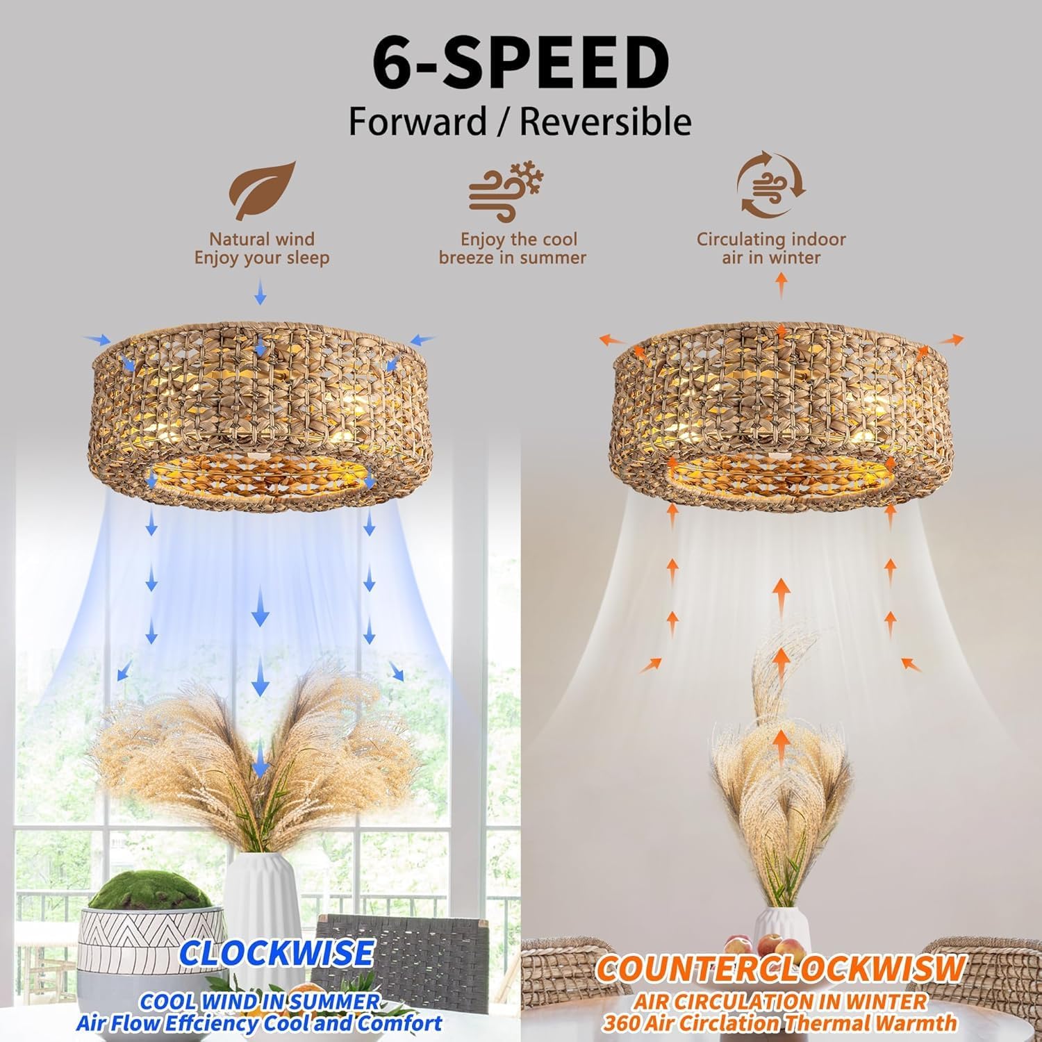Boho Rattan Deckenventilator Mit Beleuchtung und Fernbedienung E27 Retro Ventilator Deckenleuchte Leise Schlafzimmer Lüfter Licht 6 Wind Speeds Timer Fan Deckenlampe für Wohnzimmer Esszimmer Farmhouse