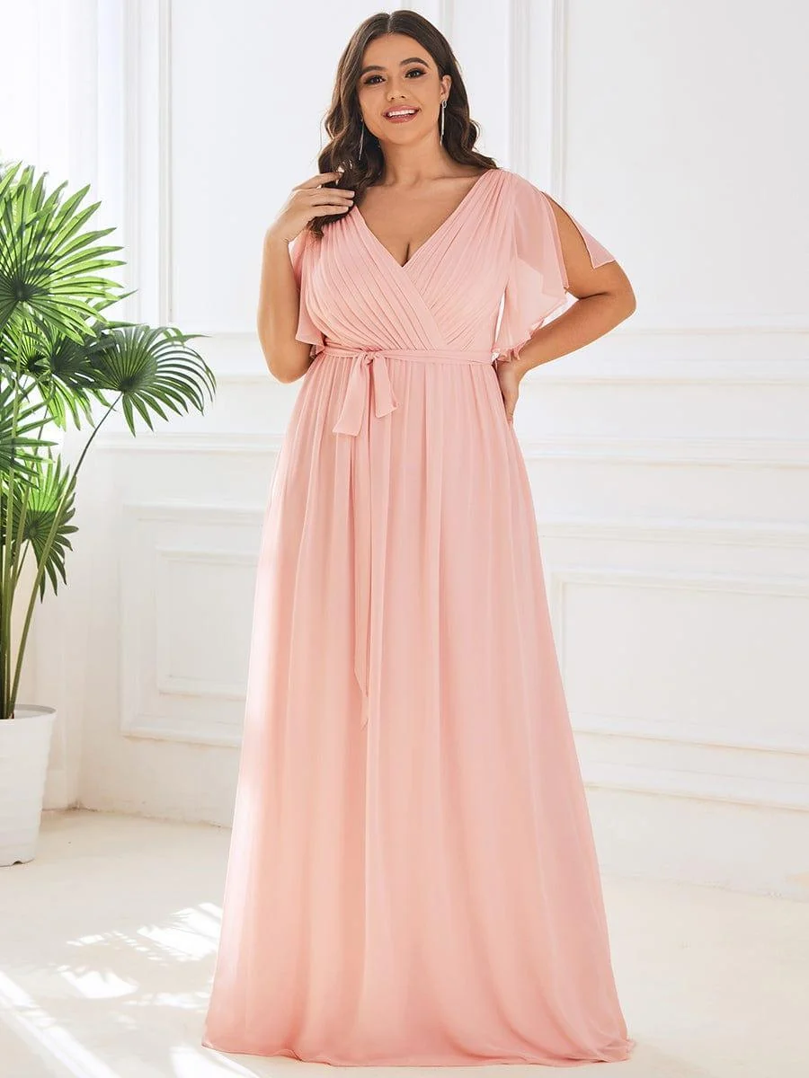 Abendkleid Damen Maxi A-Linie aus Chiffon | Festliches Kleid f��r Hochzeitsg?ste mit V-Ausschnitt und Fl��gel?rmeln