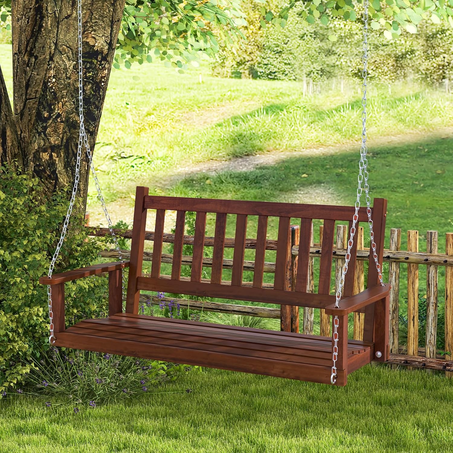 COSTWAY Hängebank aus Massivholz, 3-Sitzer Gartenschaukel zum Aufhängen, Hollywoodschaukel bis 360 kg belastbar, Outdoor-Schaukelbank für Terrasse, Garten, Hof, Braun, 168 x 65 x 63 cm