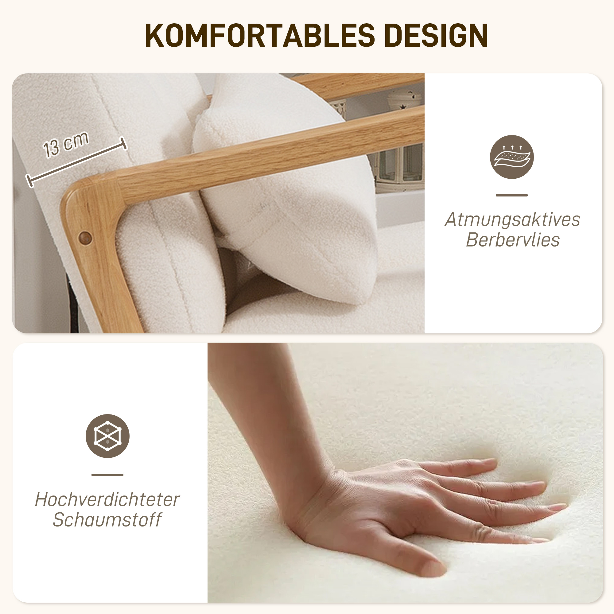 Schommelstoel met Voetensteun, Fleece-Bekleding, Hoge Rugleuning, Houten Poten, Voetpads, Wit