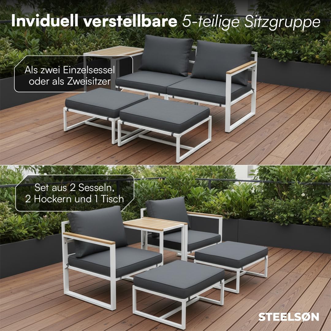 STEELSØN Gartenmöbel Set 5-TLG Asteri, Gartenlounge für 2-4 Personen, Balkonmöbel Set wetterfest inkl. 2 Sessel, 2 Hocker und 1 Tisch, Terrassenmöbel aus Metall mit Kissen Weiß