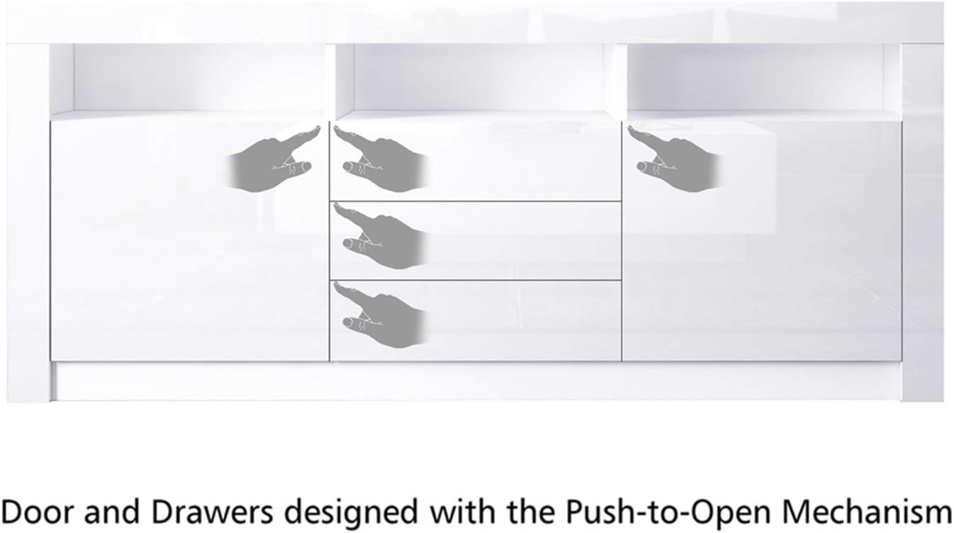 Moderner Sideboard Schrank Kommode in Front Hochglanz 2 Türen 3 Schubladen Esszimmer Küche Buffet Küchenschrank mit LED Streifen 160cm (Weiß)