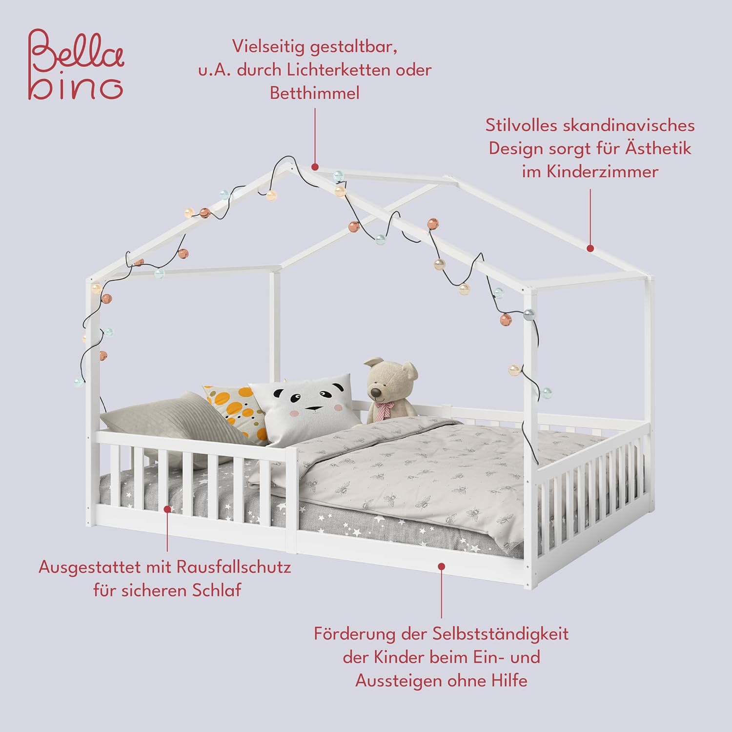 Bellabino Kinderbett Bia 140x200 cm, Hausbett Kinder inkl. Rausfallschutz und Rolllattenrost, Montessori Bodenbett weiß aus Massivholz Kiefer
